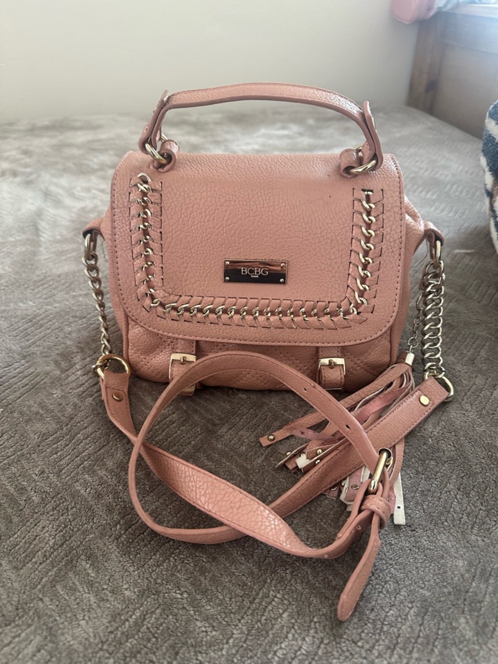 BCBG Blush Pink Leather Satchel with Gold Chain Trim